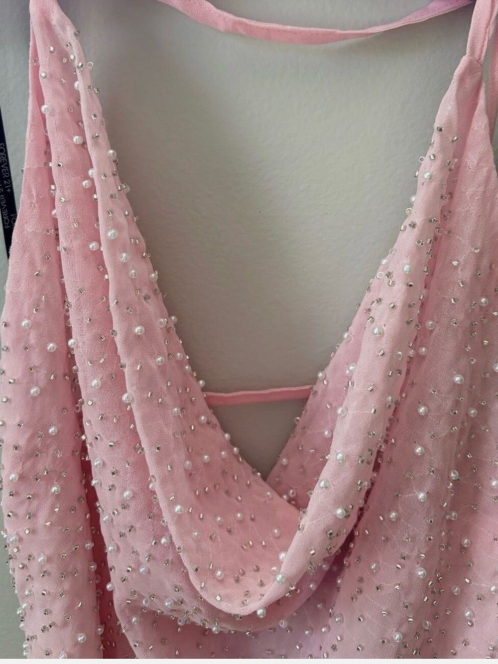 Pink, cowl neck pearl beaded mini dress - Picture 2 of 5